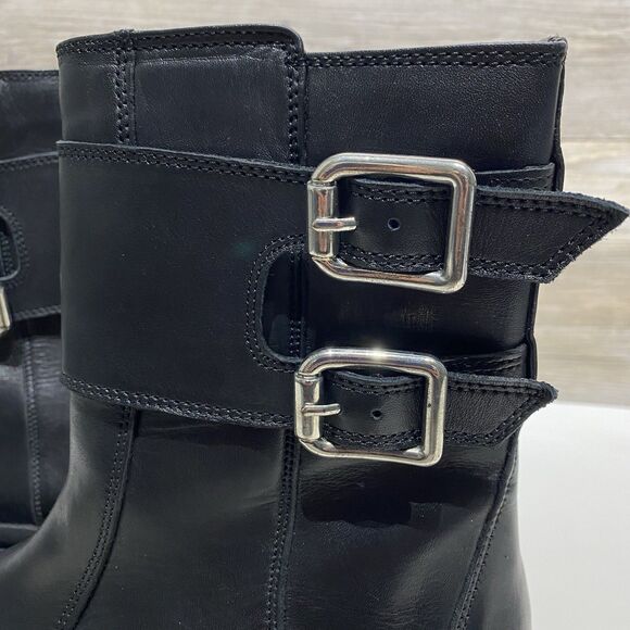 ZARA Chunky Lug Sole Ankle Boots Black Leather Buckles Side Zip Moto Y2K Size 8 - Picture 5 of 10